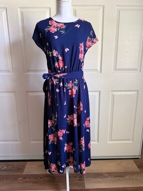 Sugarlips Navy Floral Midi Dress with Self Tie Belt